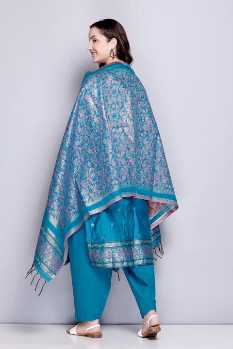 Kidar's Unstitched Cotton Silk Suit In Blue