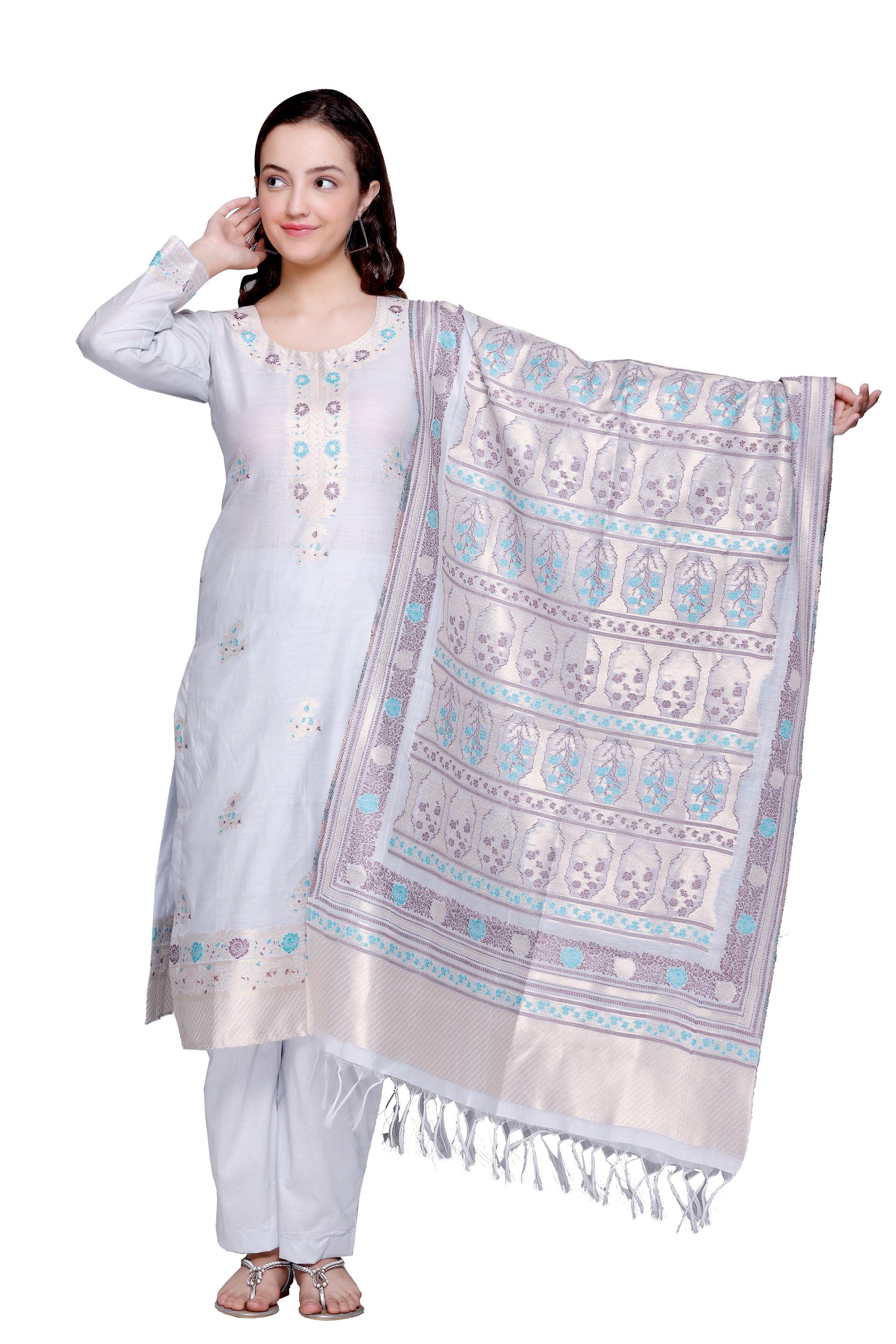 Kidar 's Unstitched Cotton Silk Suit in White