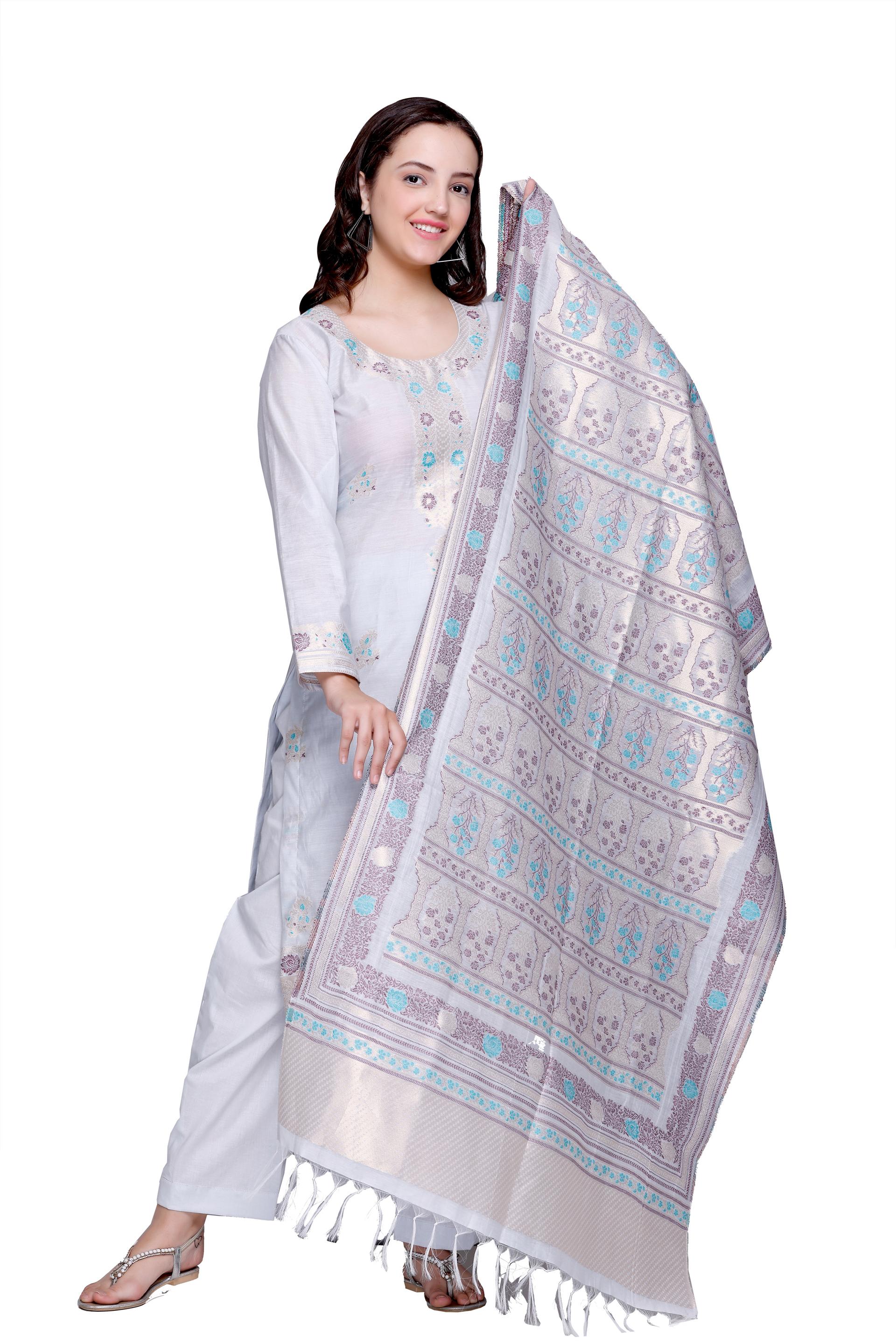 Kidar 's Unstitched Cotton Silk Suit in White