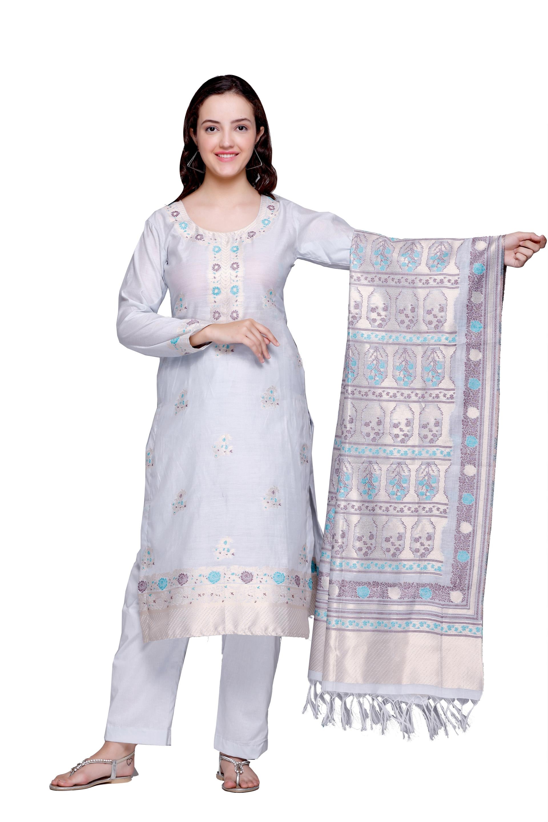 Kidar 's Unstitched Cotton Silk Suit in White