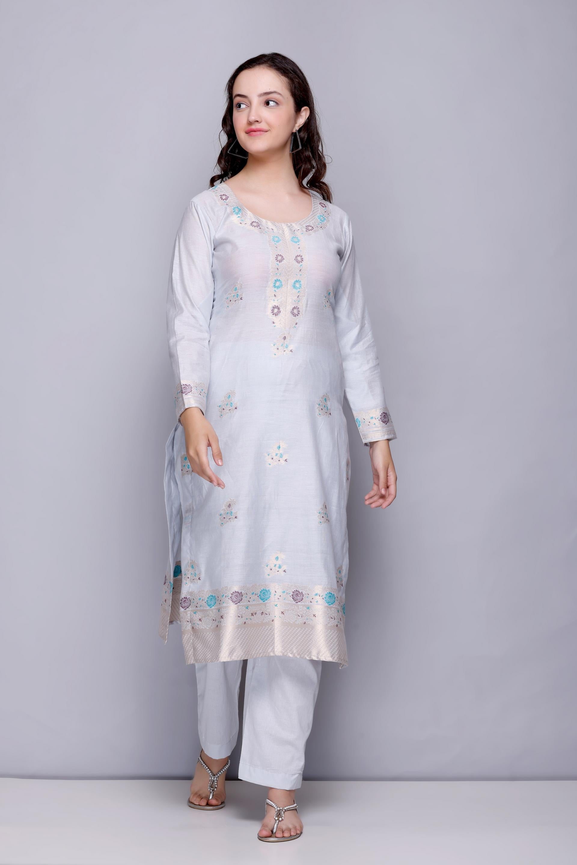 Kidar 's Unstitched Cotton Silk Suit in White