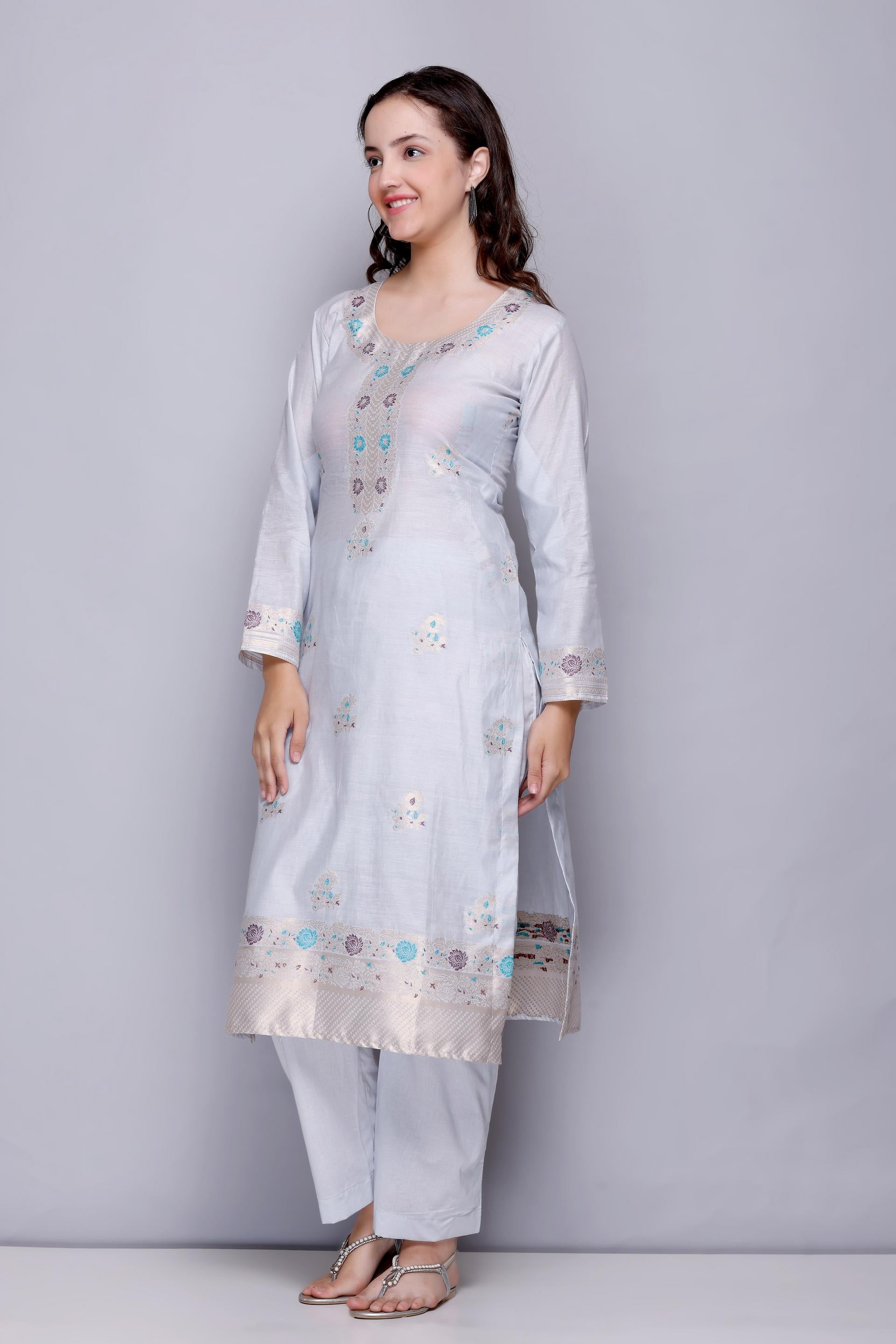 Kidar 's Unstitched Cotton Silk Suit in White