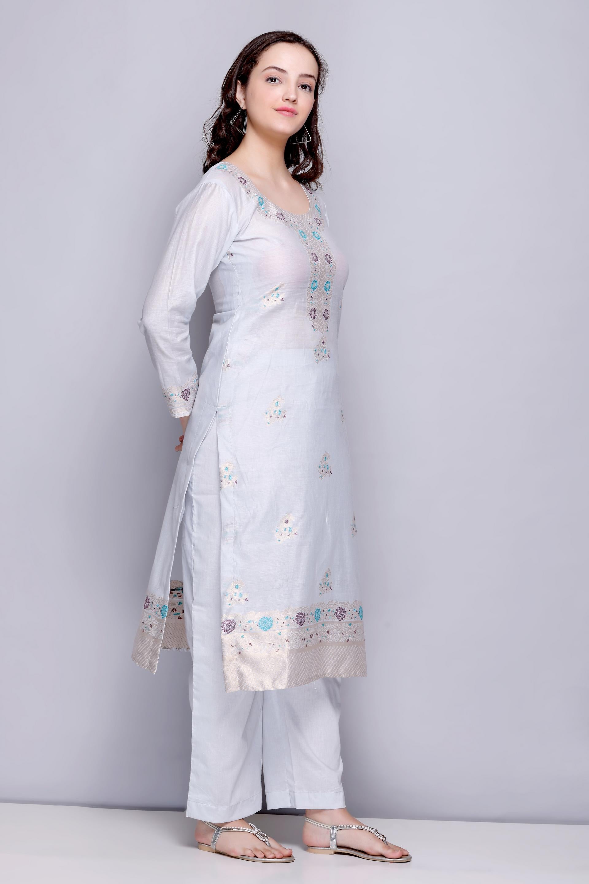 Kidar 's Unstitched Cotton Silk Suit in White