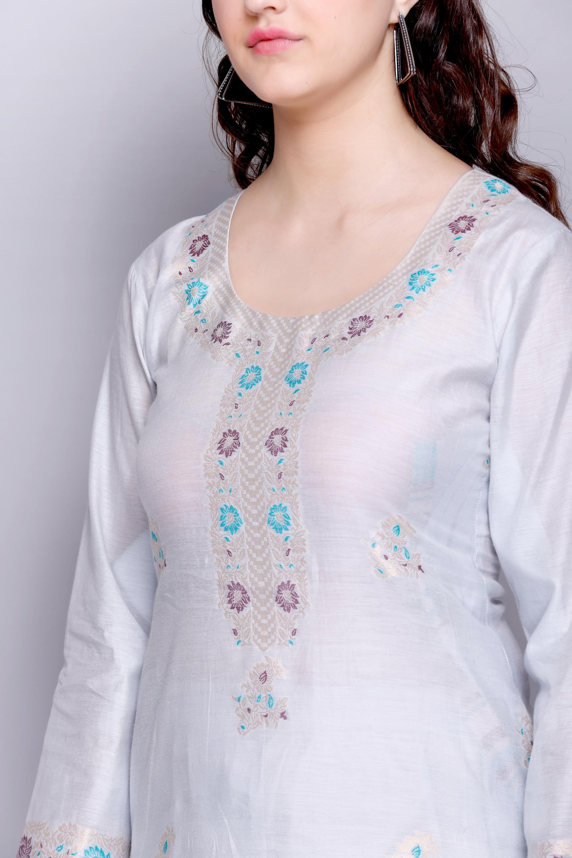 Kidar 's Unstitched Cotton Silk Suit in White