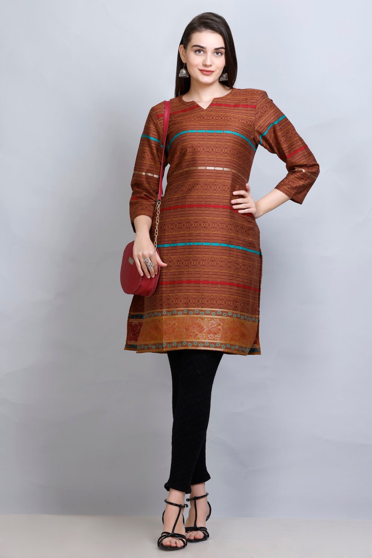 Kidar's V-Neck Cotton Silk Jacquard Kurti - Rust