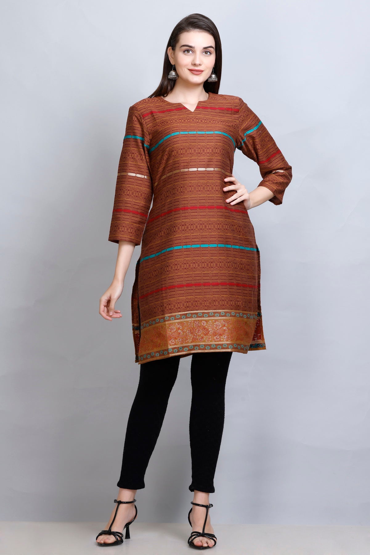 Kidar's V-Neck Cotton Silk Jacquard Kurti - Rust