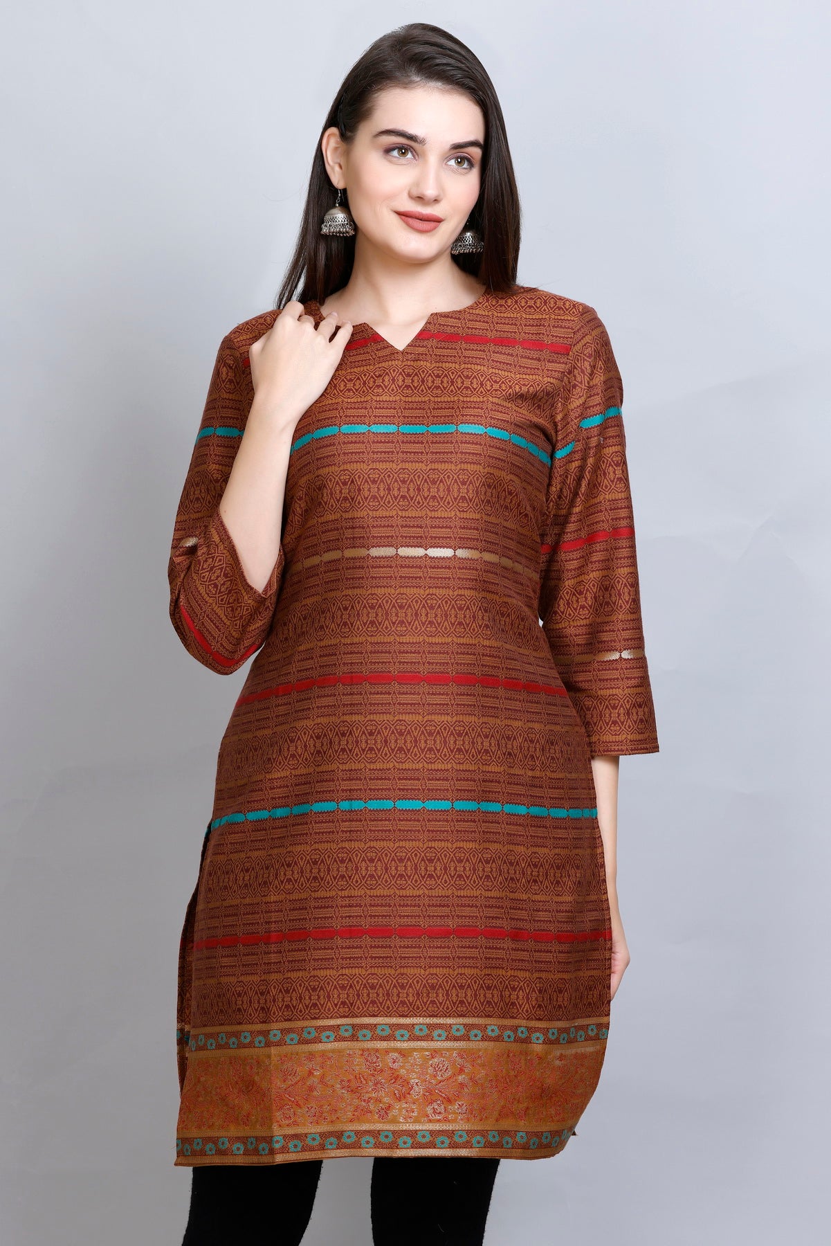 Kidar's V-Neck Cotton Silk Jacquard Kurti - Rust