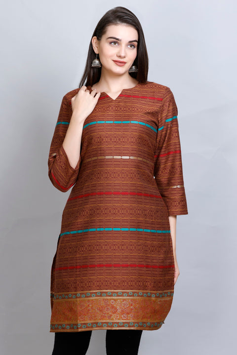 Kidar's V-Neck Cotton Silk Jacquard Kurti - Rust