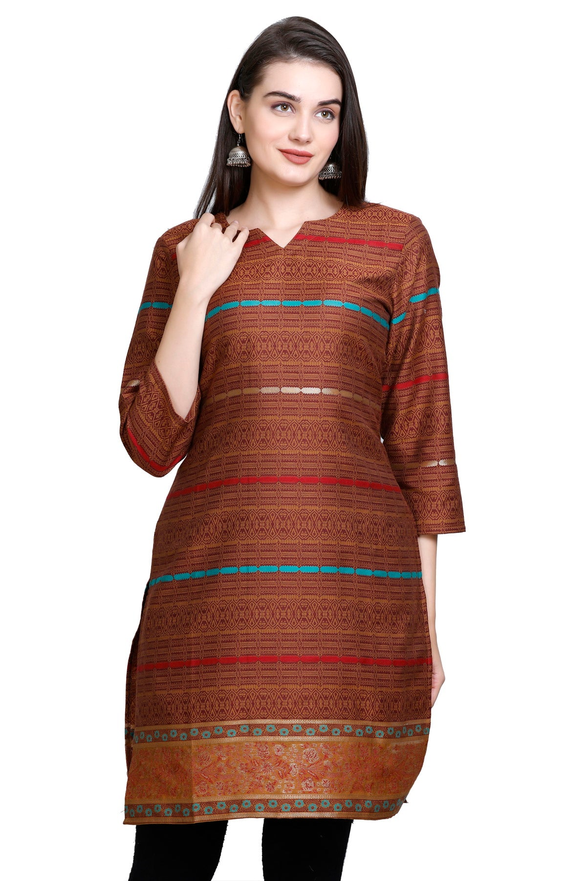 Kidar's V-Neck Cotton Silk Jacquard Kurti - Rust