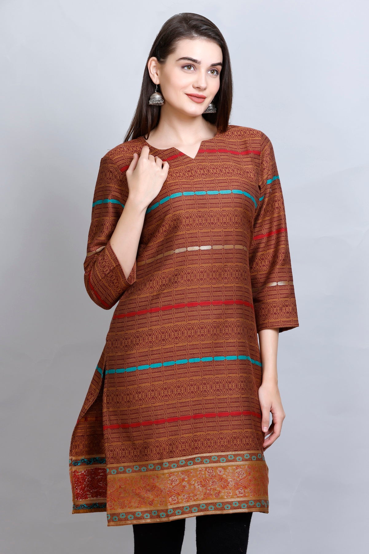 Kidar's V-Neck Cotton Silk Jacquard Kurti - Rust