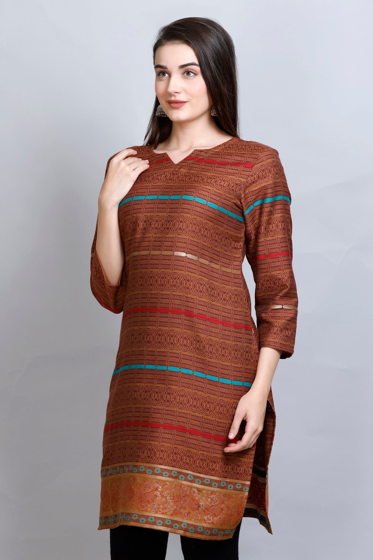 Kidar's V-Neck Cotton Silk Jacquard Kurti - Rust