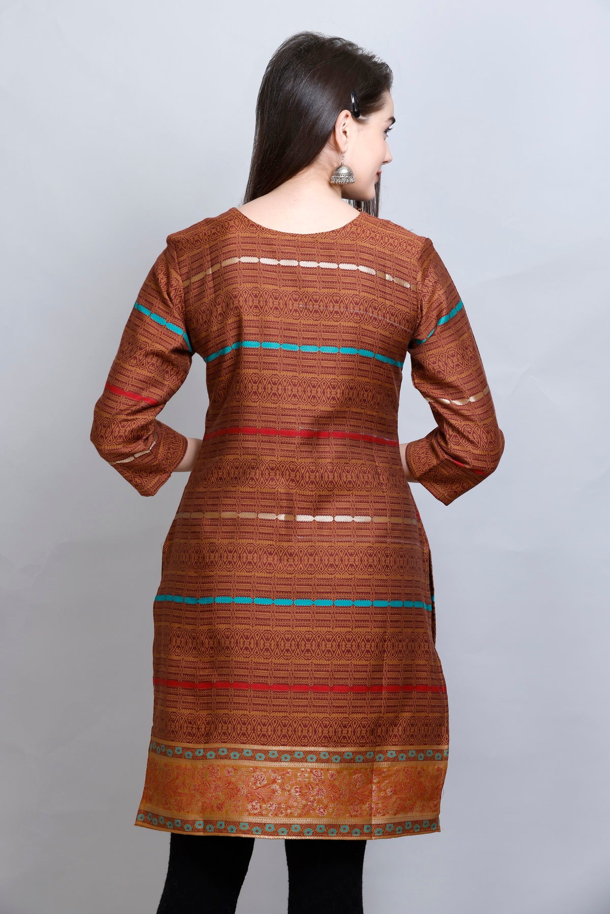 Kidar's V-Neck Cotton Silk Jacquard Kurti - Rust