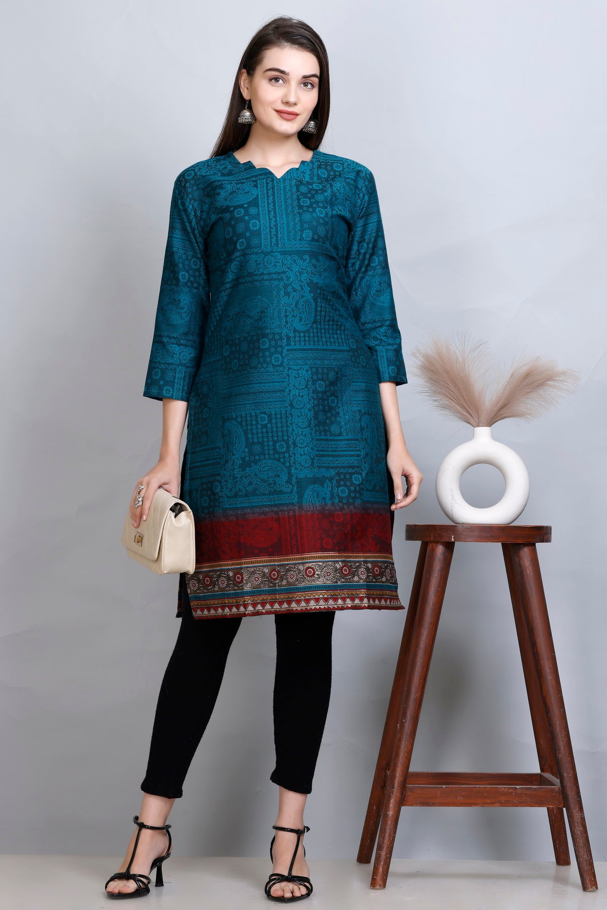 Kidar New Green  V-Neck Cotton Silk Kurti by Kidar