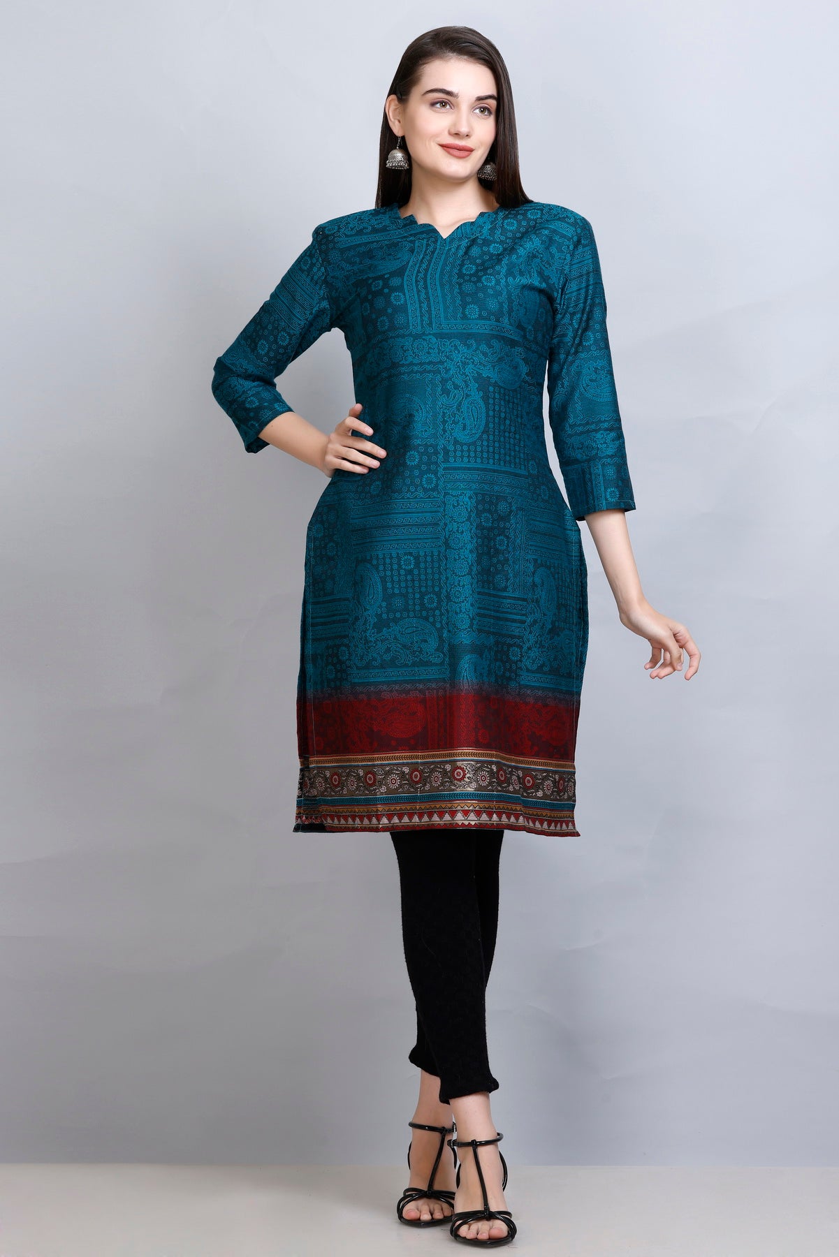 Kidar New Green  V-Neck Cotton Silk Kurti by Kidar