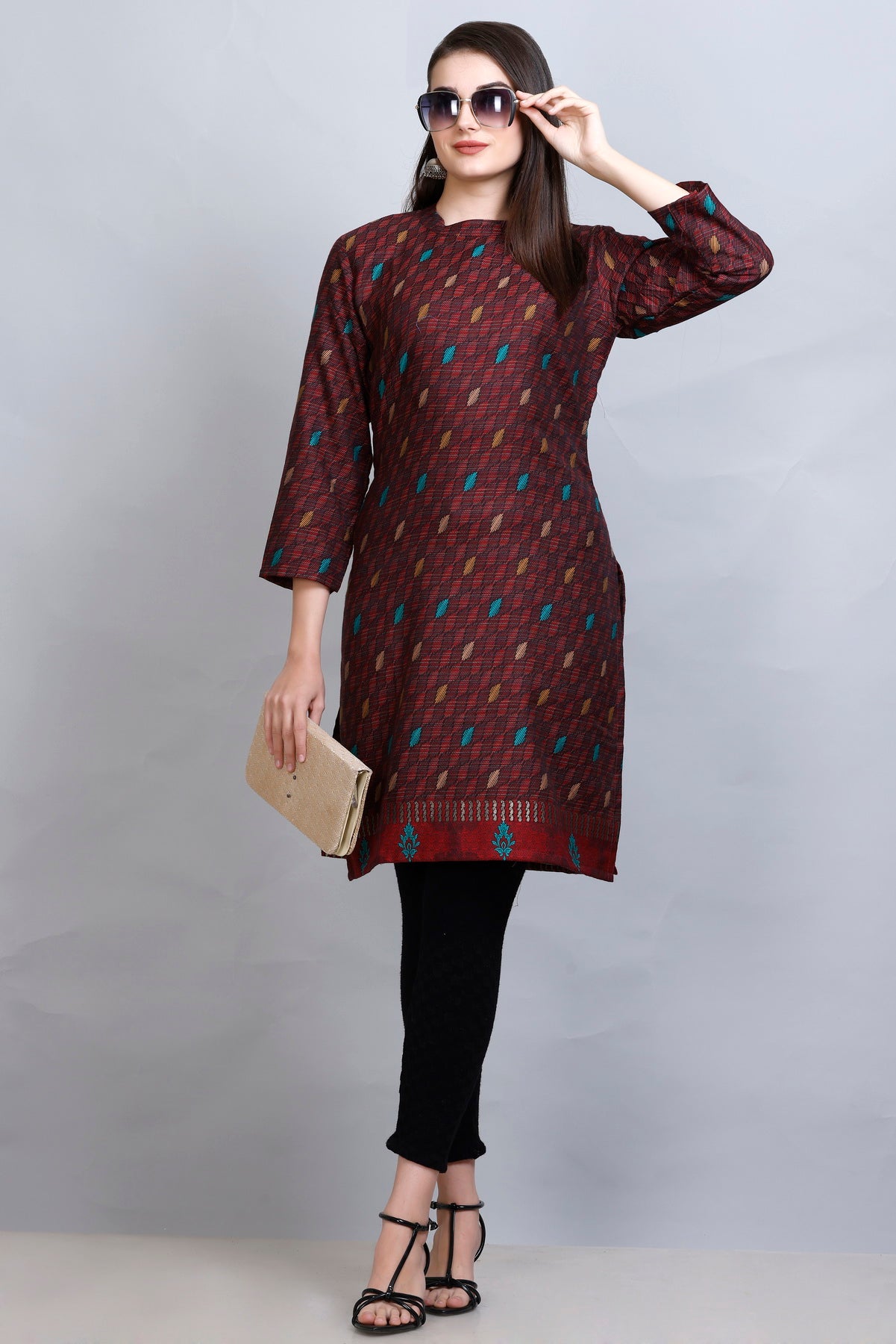 Kidar - Wine Square Neck Cotton Silk Kurti by Kidar