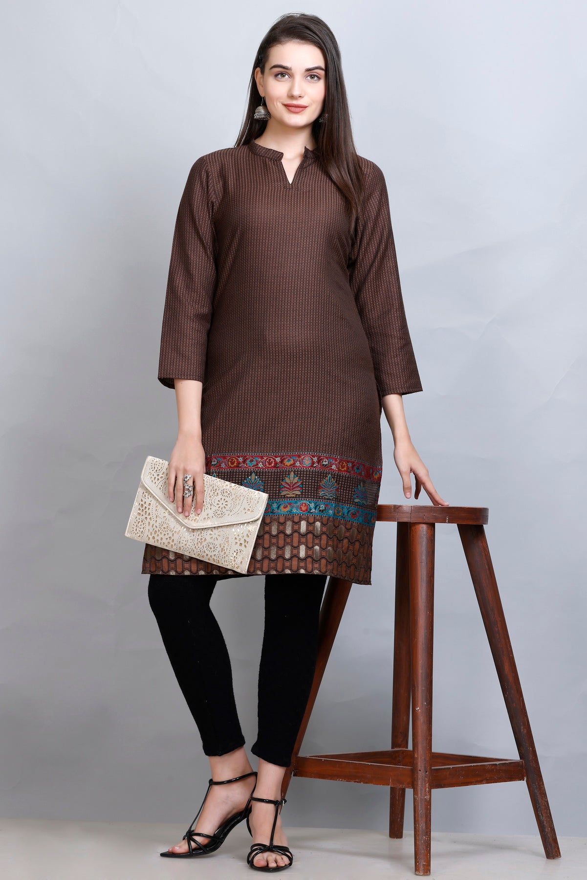 Kidar - Coffee Notched Tucks Neck Cotton Silk Kurti by Kidar