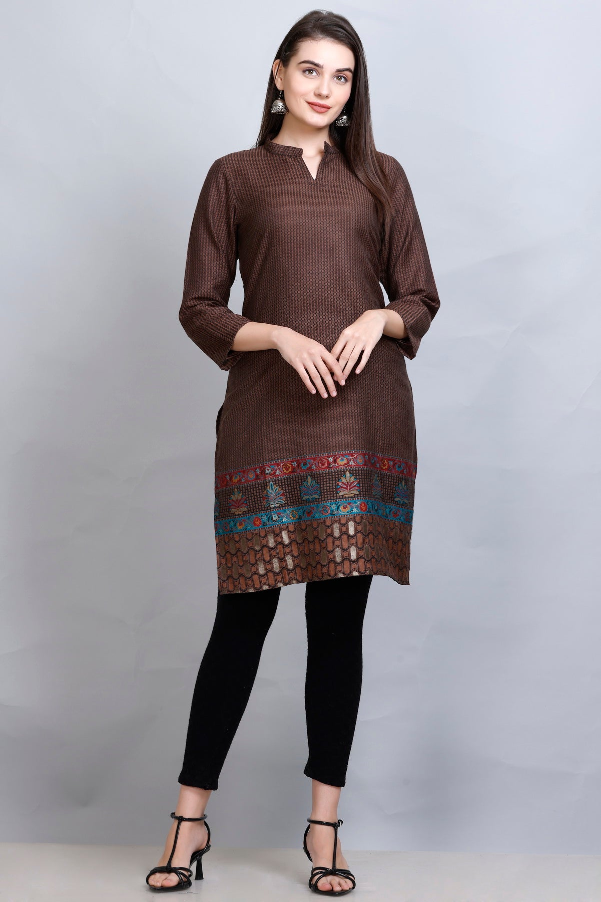 Kidar - Coffee Notched Tucks Neck Cotton Silk Kurti by Kidar