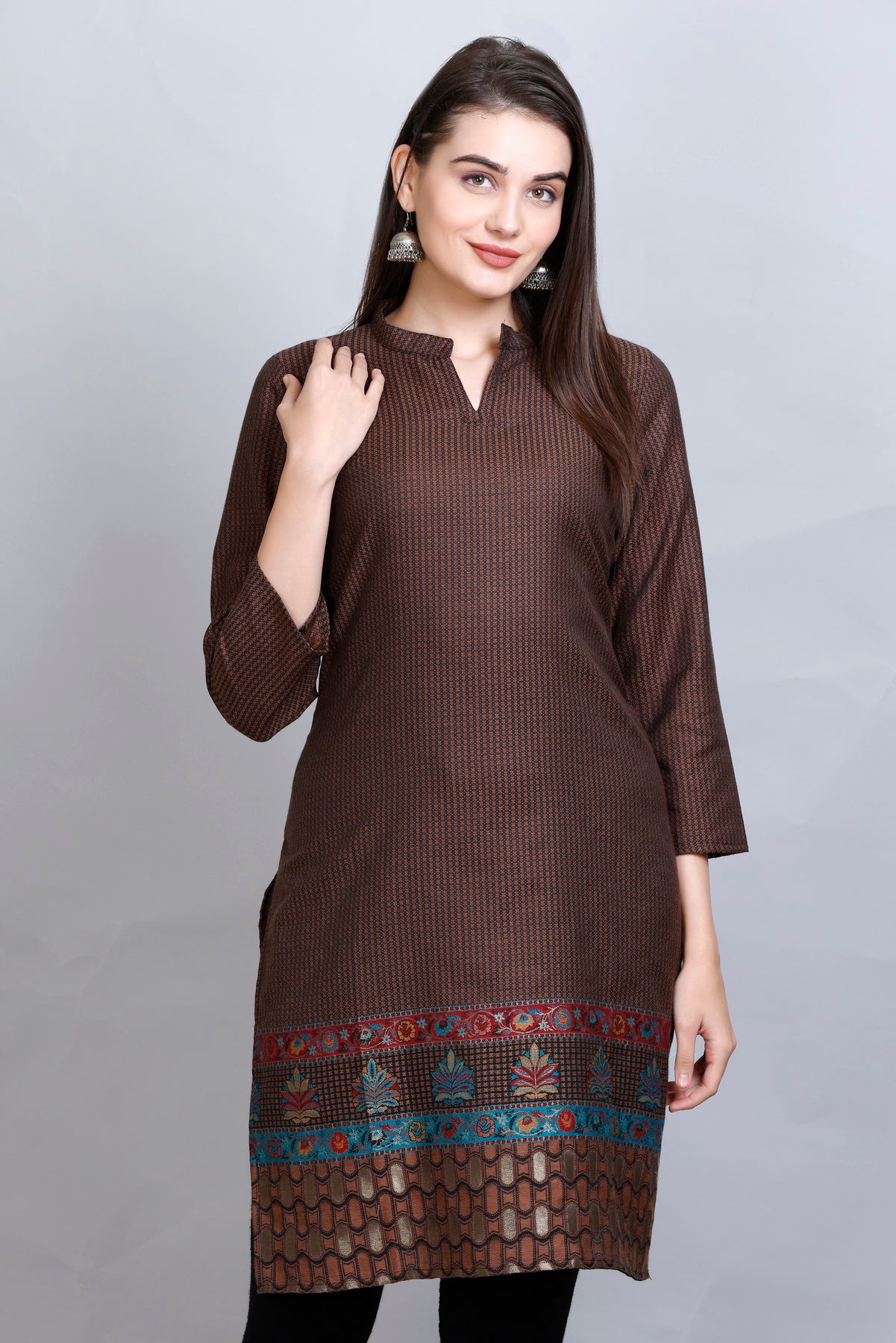 Kidar - Coffee Notched Tucks Neck Cotton Silk Kurti by Kidar