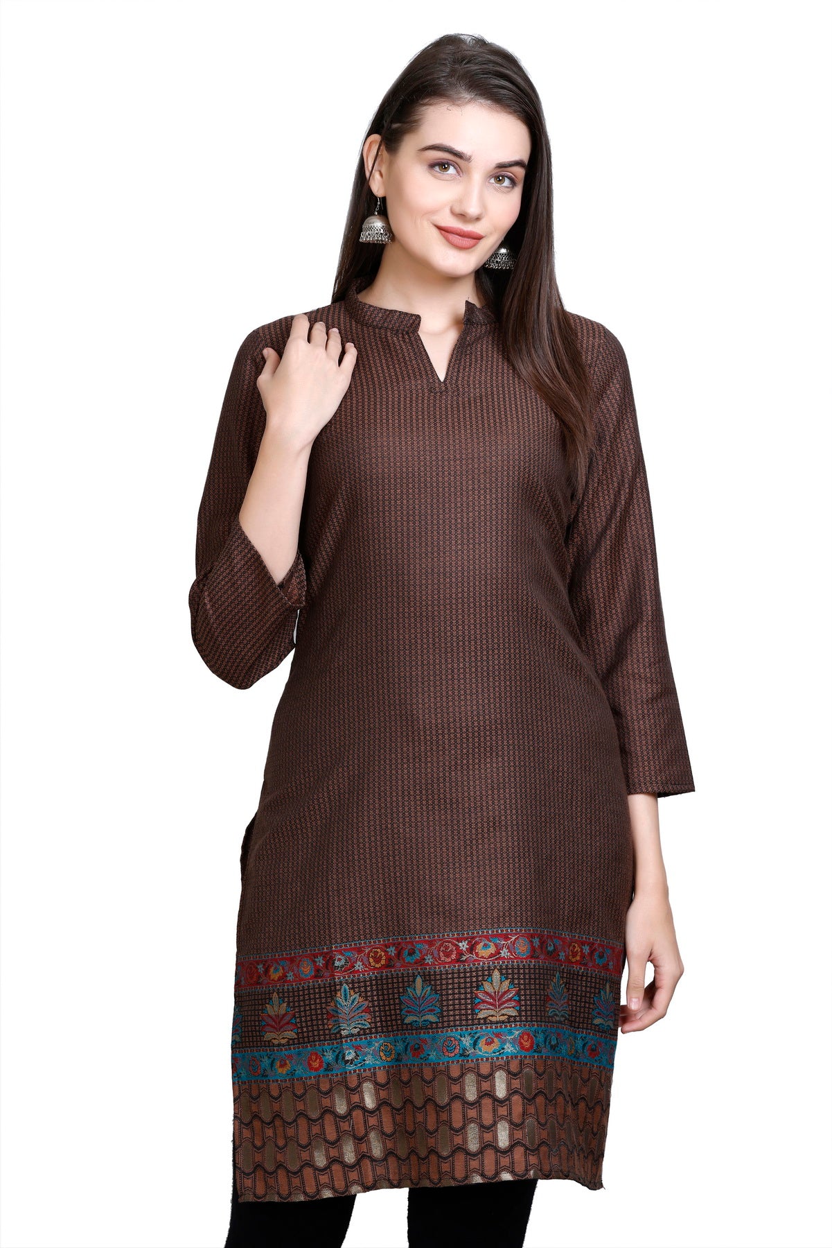 Kidar - Coffee Notched Tucks Neck Cotton Silk Kurti by Kidar