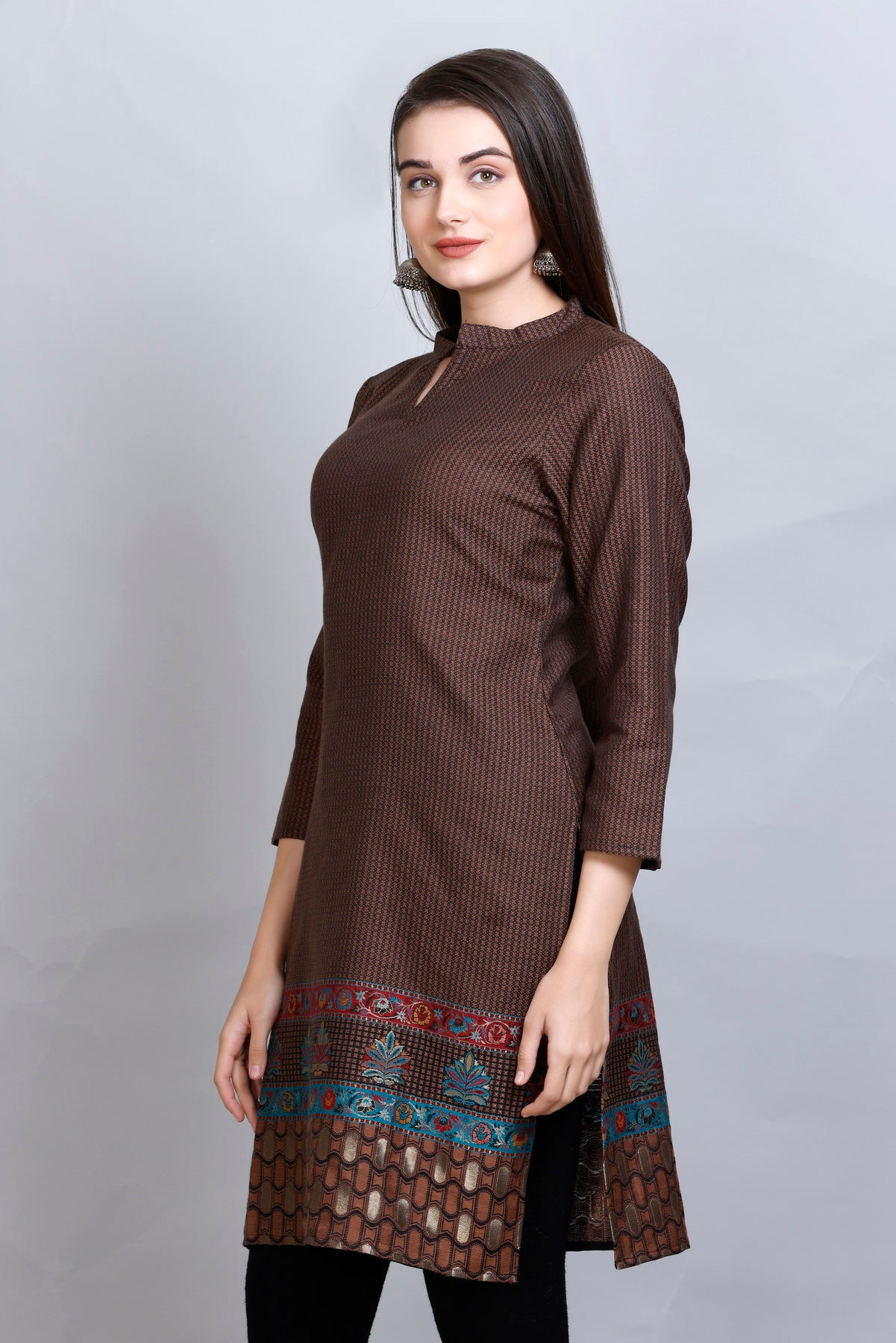 Kidar - Coffee Notched Tucks Neck Cotton Silk Kurti by Kidar