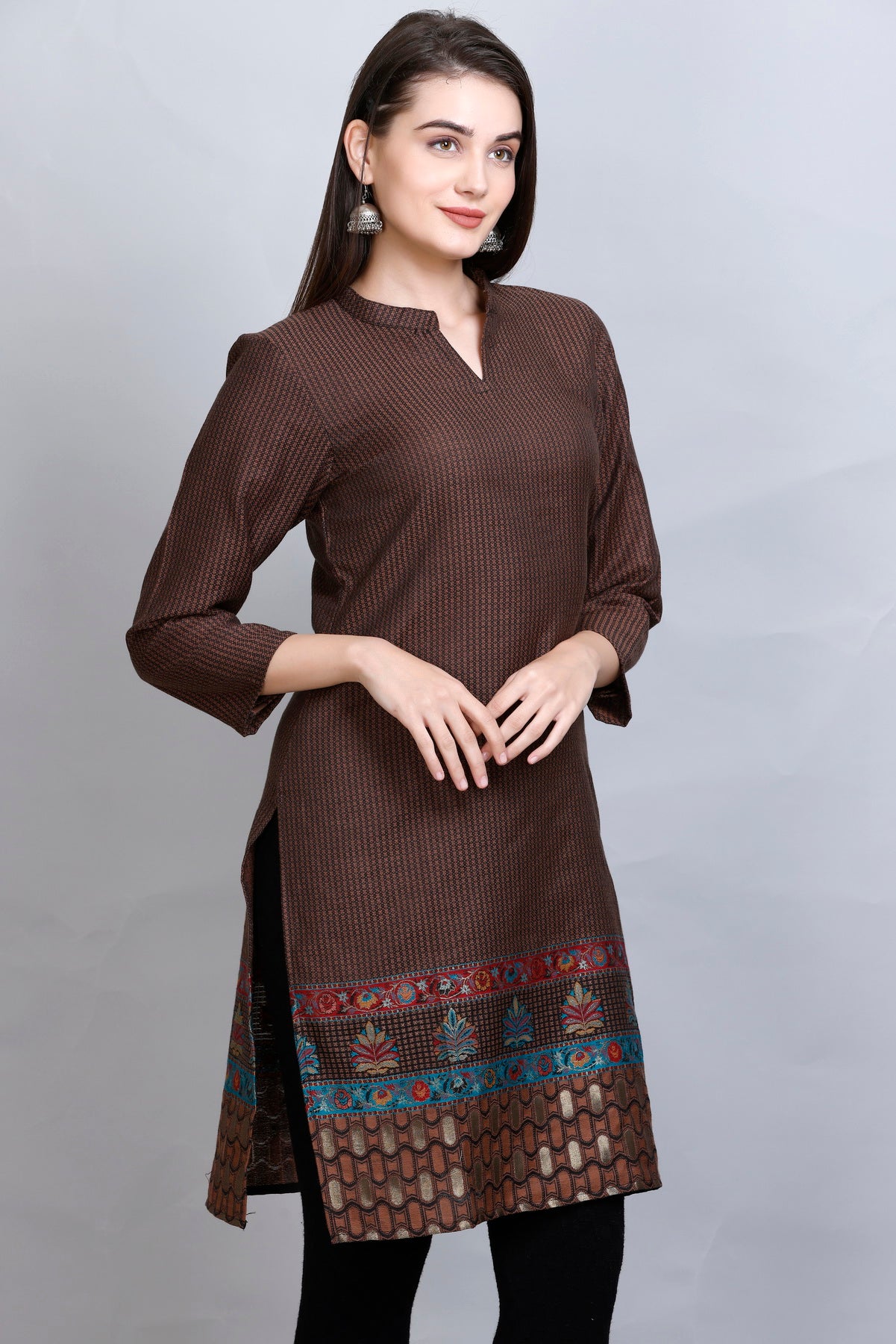 Kidar - Coffee Notched Tucks Neck Cotton Silk Kurti by Kidar