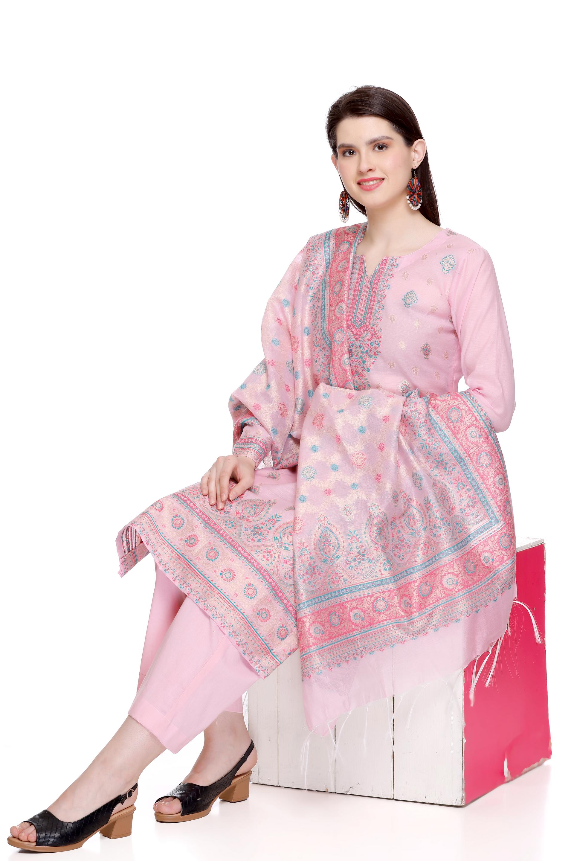 Kidar 's Unstitched Cotton Silk Suit in Pink