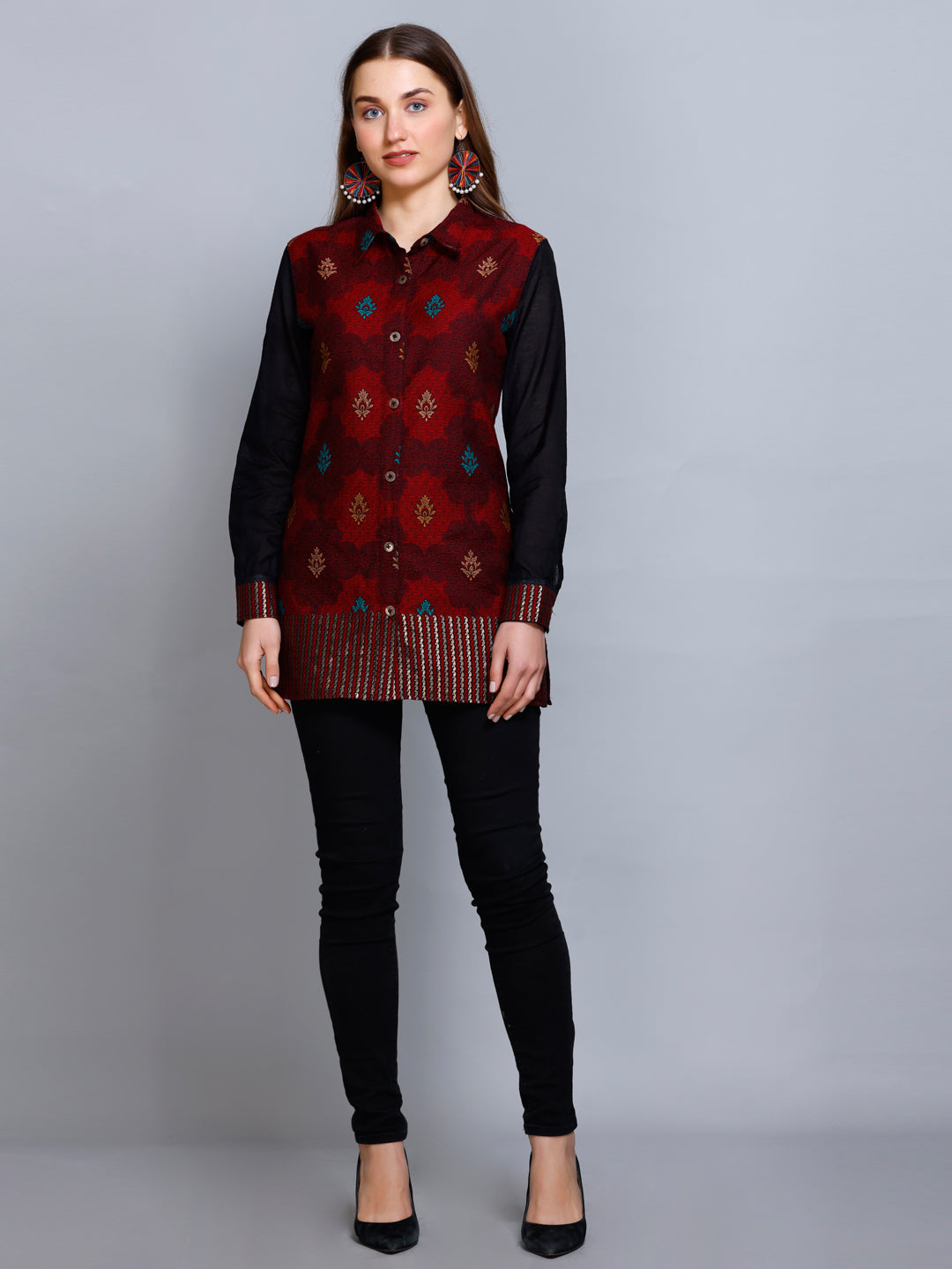 Kidar - Collared  Neck Women's Shirt in Printed Cotton Silk