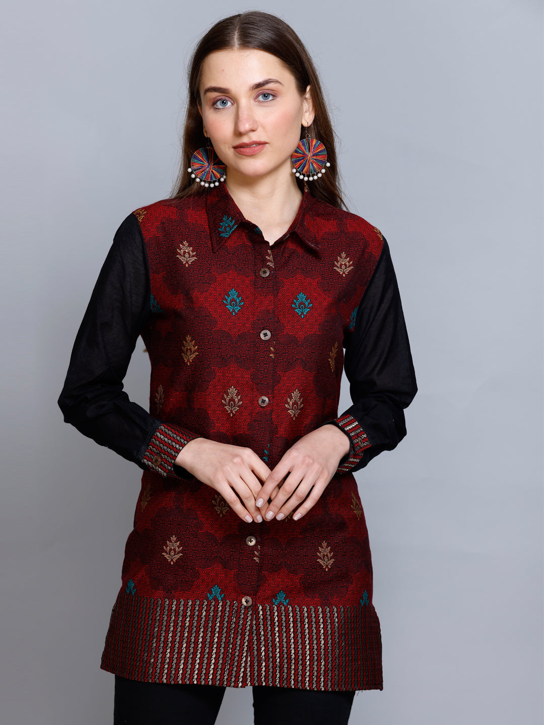 Kidar - Collared  Neck Women's Shirt in Printed Cotton Silk