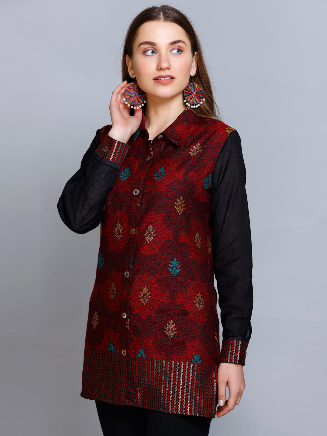 Kidar - Collared  Neck Women's Shirt in Printed Cotton Silk