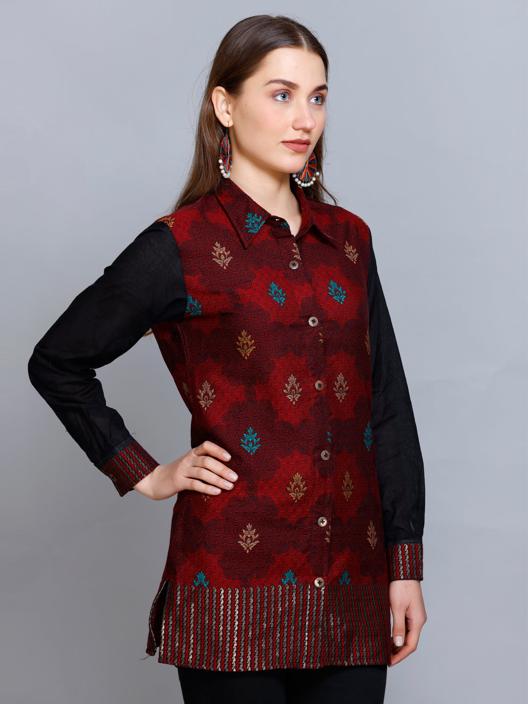 Kidar - Collared  Neck Women's Shirt in Printed Cotton Silk