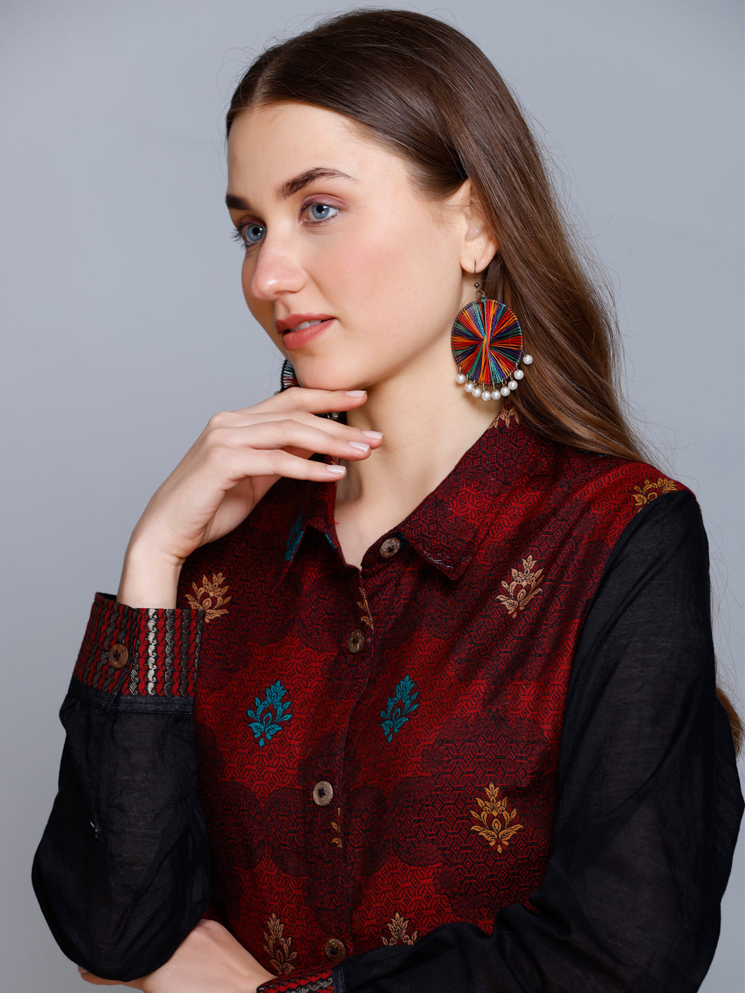 Kidar - Collared  Neck Women's Shirt in Printed Cotton Silk