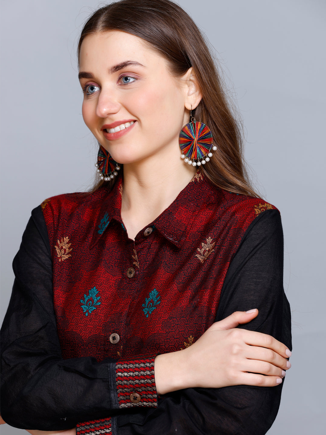 Kidar - Collared  Neck Women's Shirt in Printed Cotton Silk