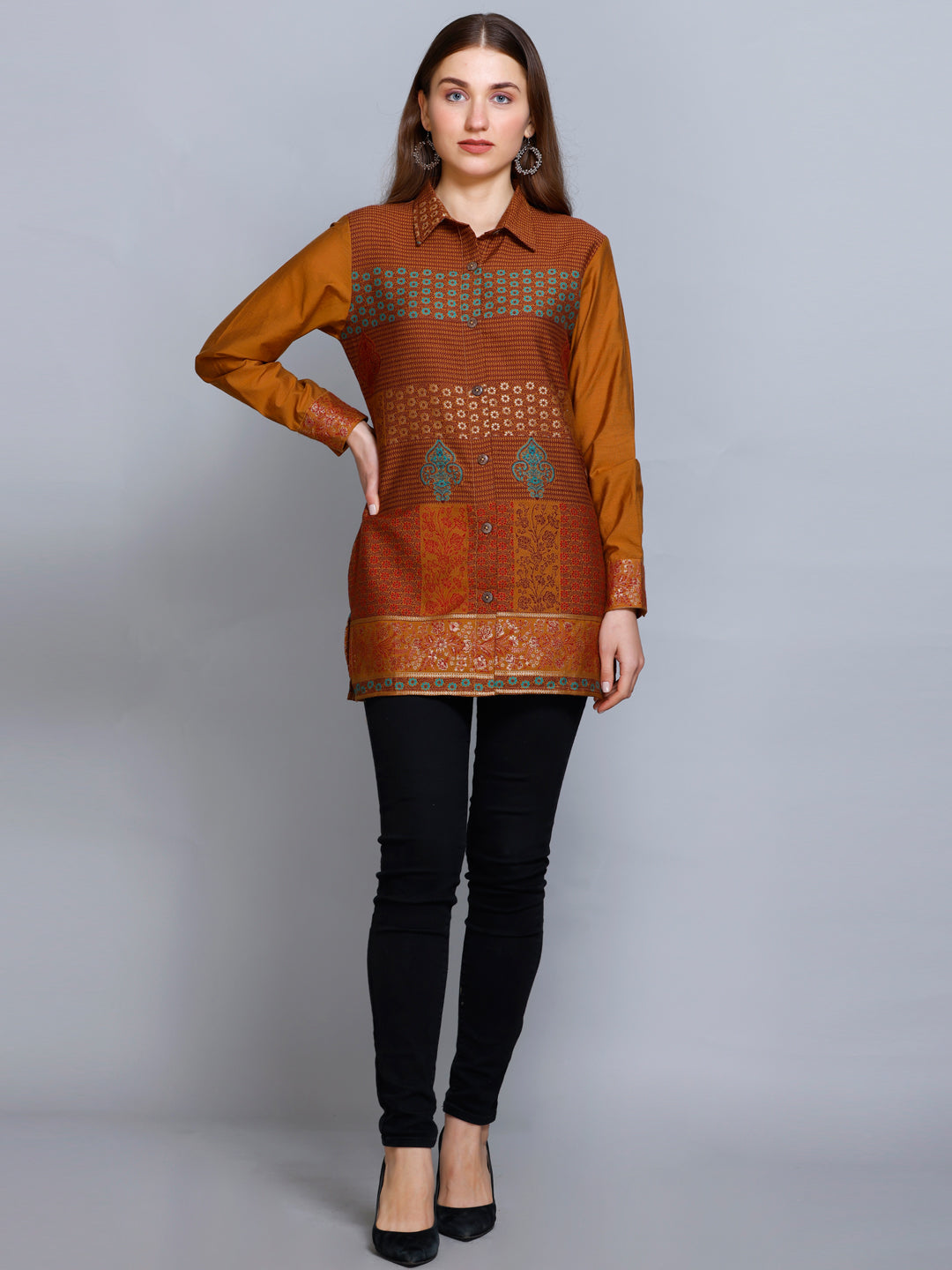 Kidar - Collared Neck Women's Shirt in Printed Cotton Silk