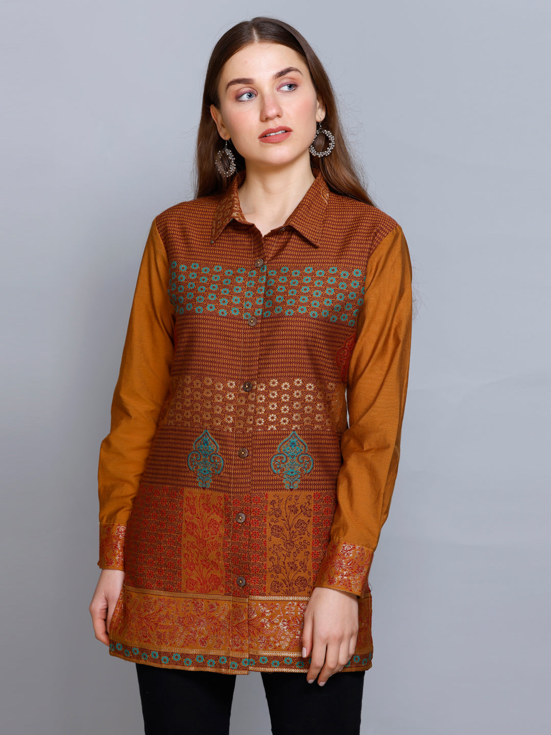 Kidar - Collared Neck Women's Shirt in Printed Cotton Silk