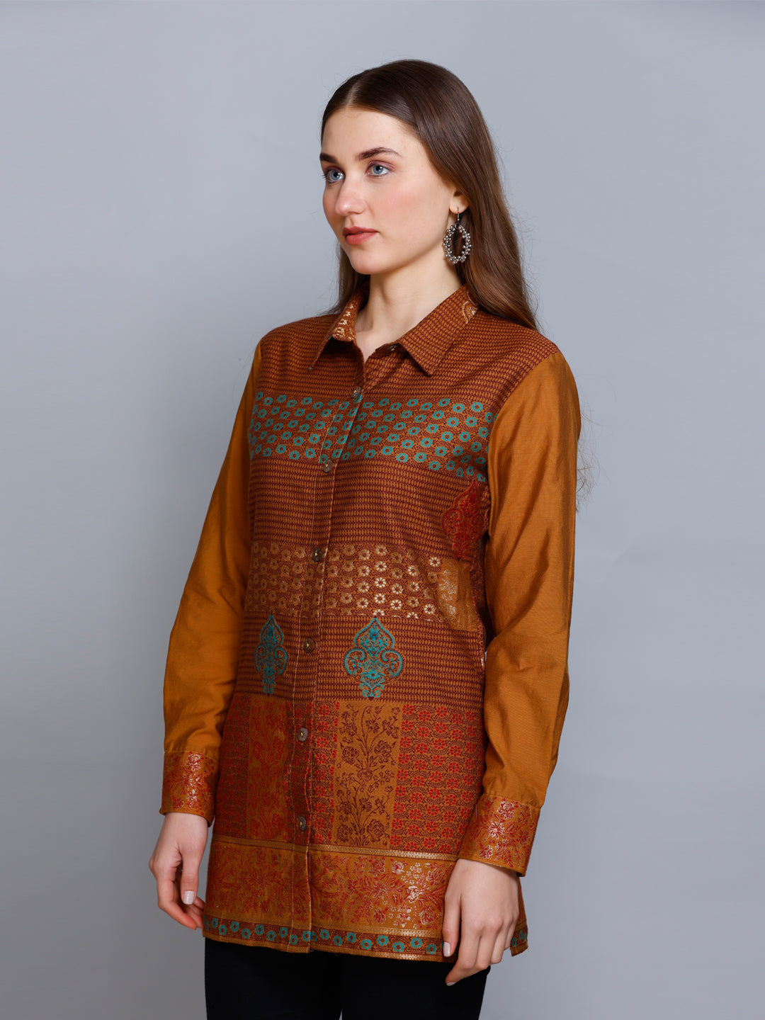 Kidar - Collared Neck Women's Shirt in Printed Cotton Silk