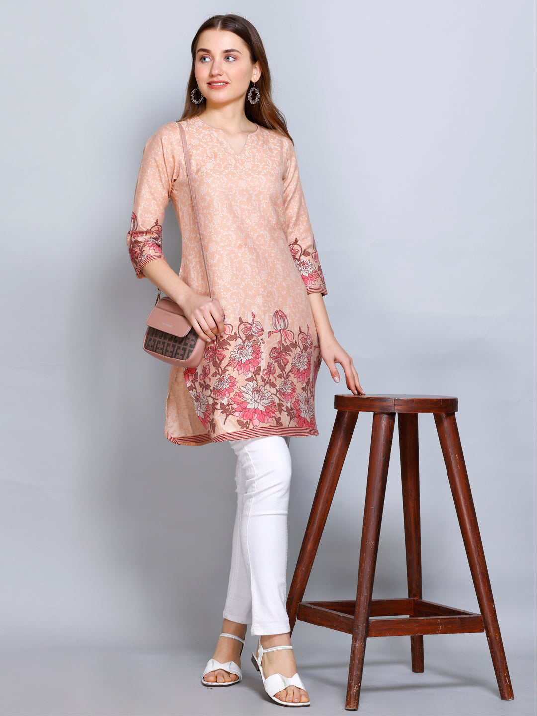 Kidar Peach V-Neck Cotton Silk Kurti by Kidar