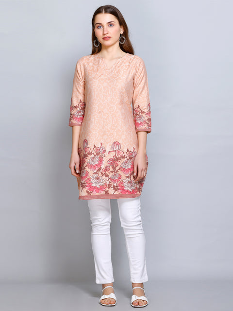 Kidar Peach V-Neck Cotton Silk Kurti by Kidar