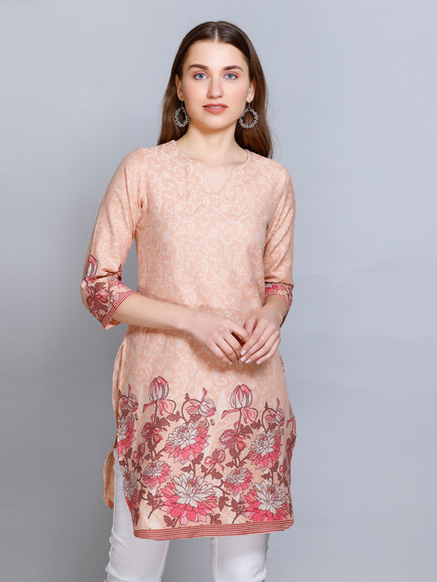 Kidar Peach V-Neck Cotton Silk Kurti by Kidar