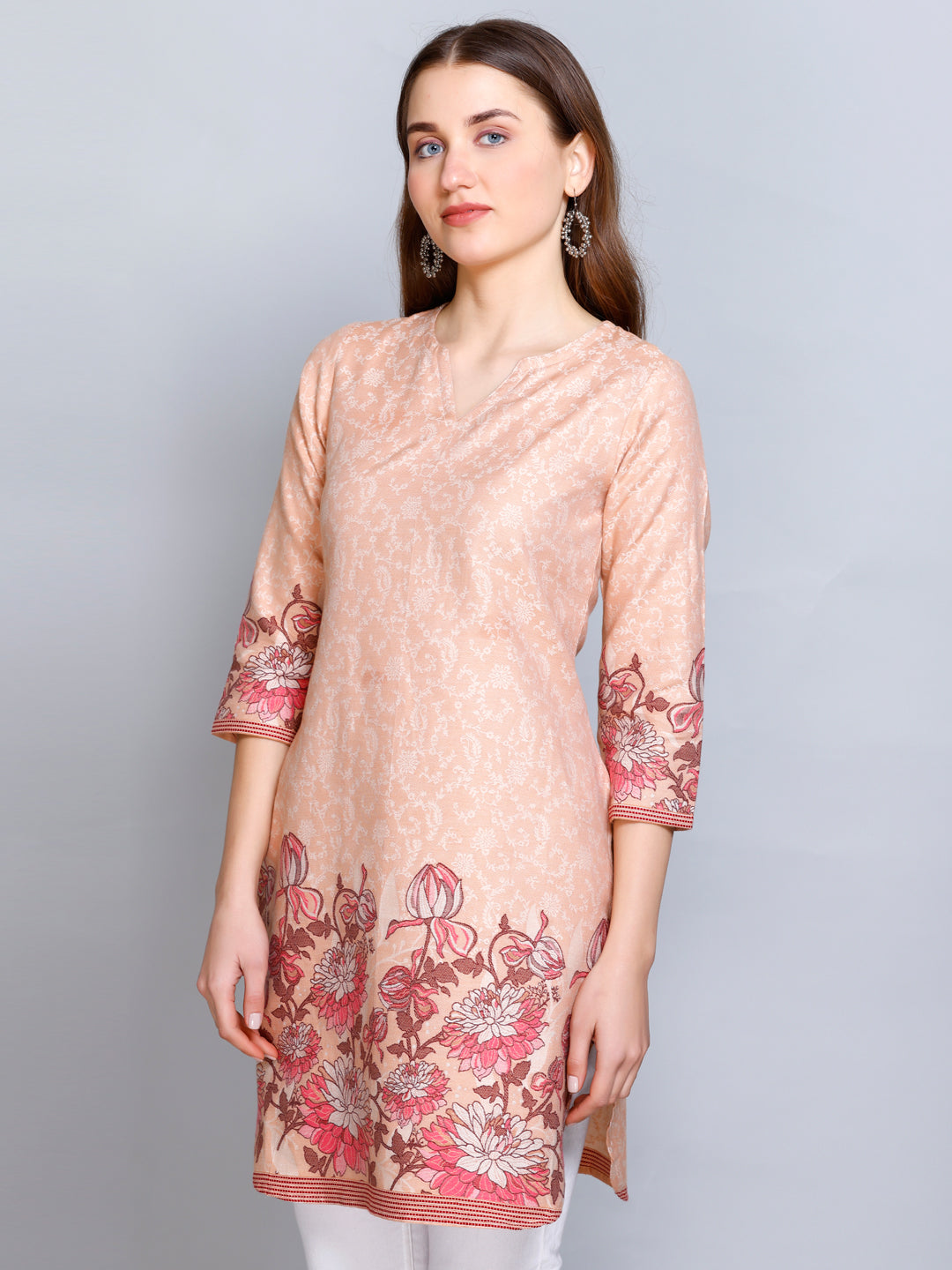 Kidar Peach V-Neck Cotton Silk Kurti by Kidar