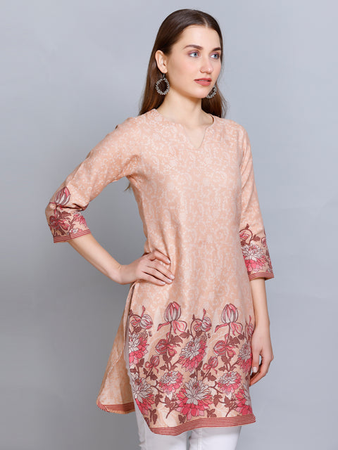 Kidar Peach V-Neck Cotton Silk Kurti by Kidar