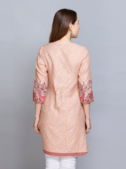 Kidar Peach V-Neck Cotton Silk Kurti by Kidar