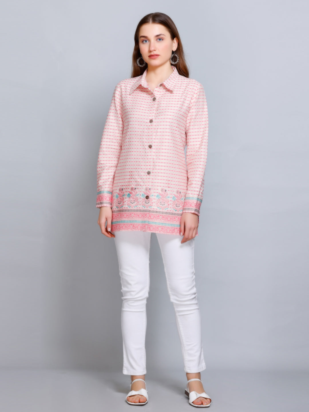 Kidar - Collared Neck Women's Shirt in Printed Cotton Silk