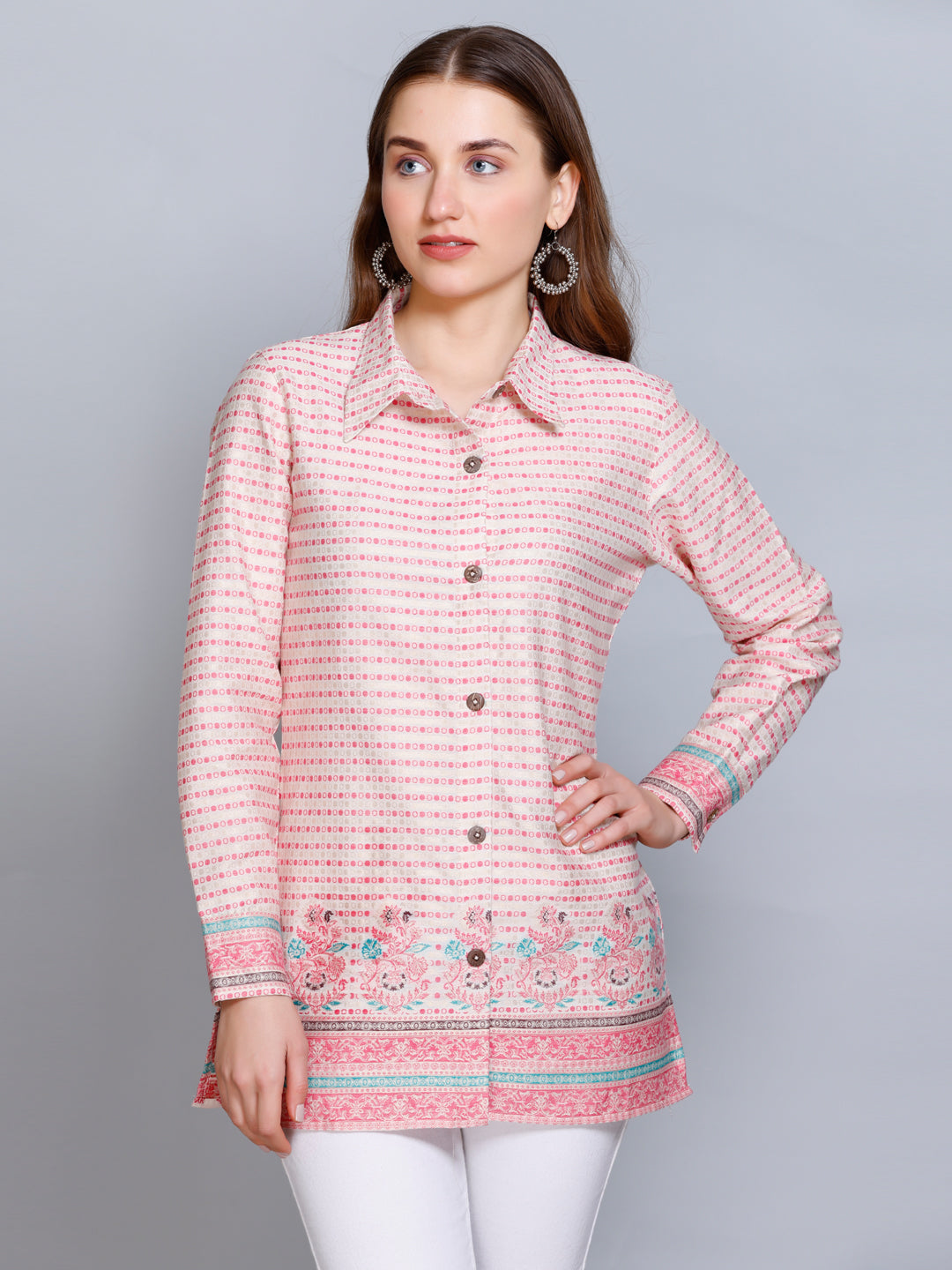 Kidar - Collared Neck Women's Shirt in Printed Cotton Silk