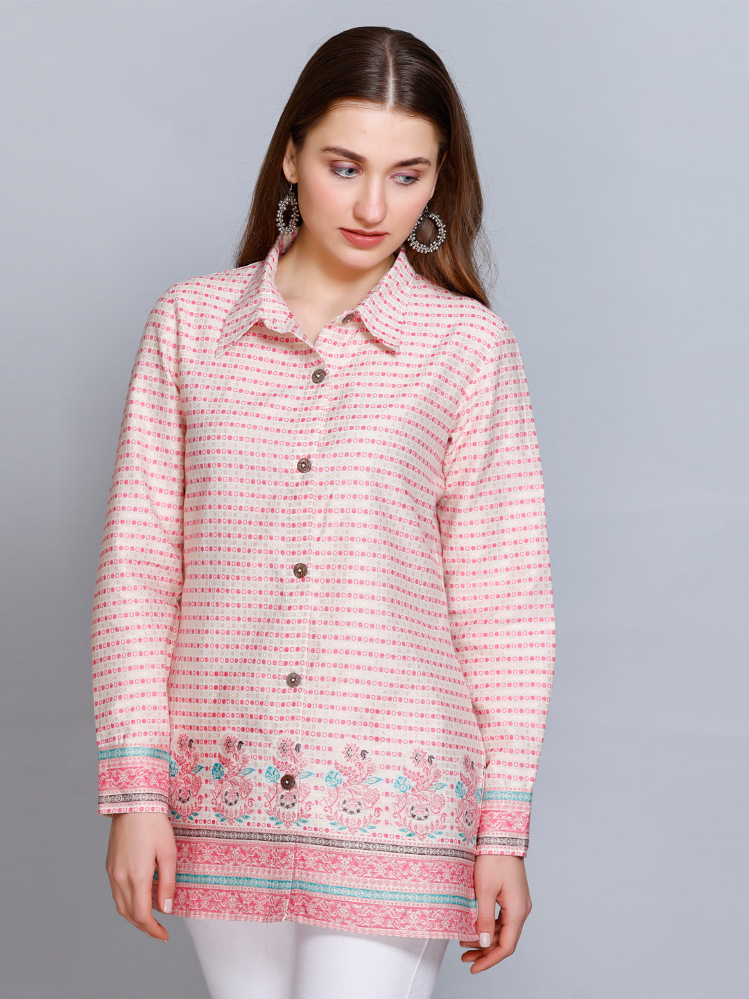 Kidar - Collared Neck Women's Shirt in Printed Cotton Silk