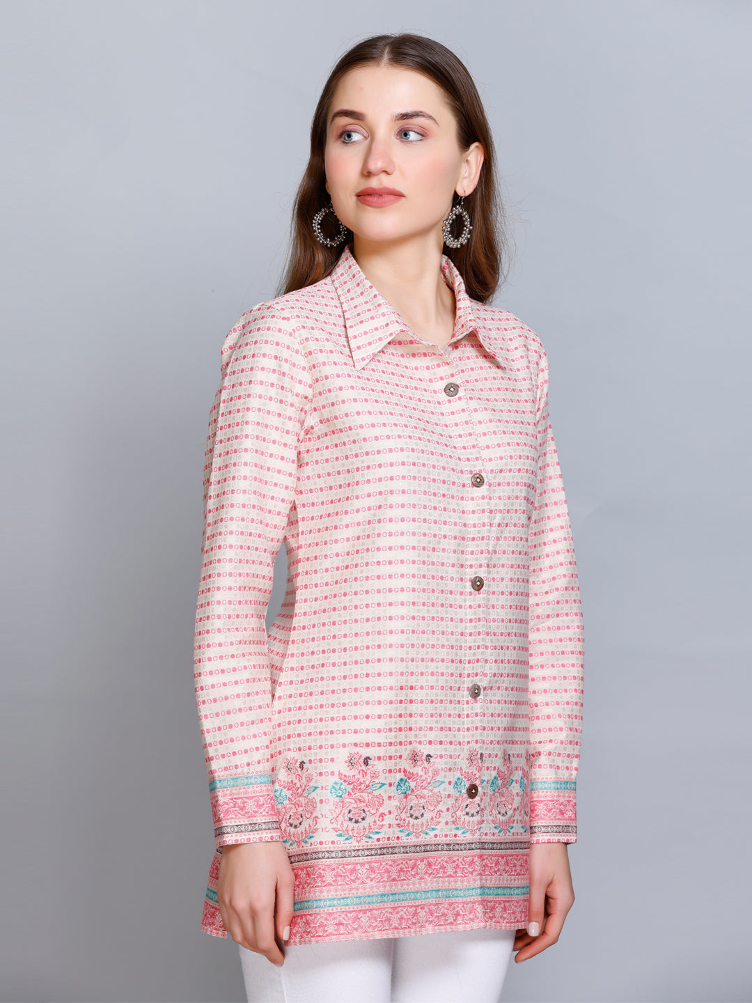 Kidar - Collared Neck Women's Shirt in Printed Cotton Silk