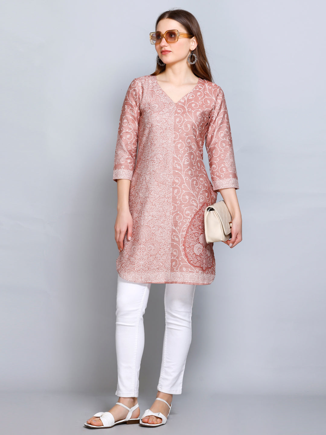 Kidar - Light Coffee V-Neck Cotton Silk Kurti by Kidar