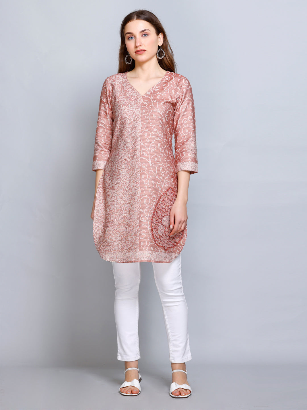 Kidar - Light Coffee V-Neck Cotton Silk Kurti by Kidar