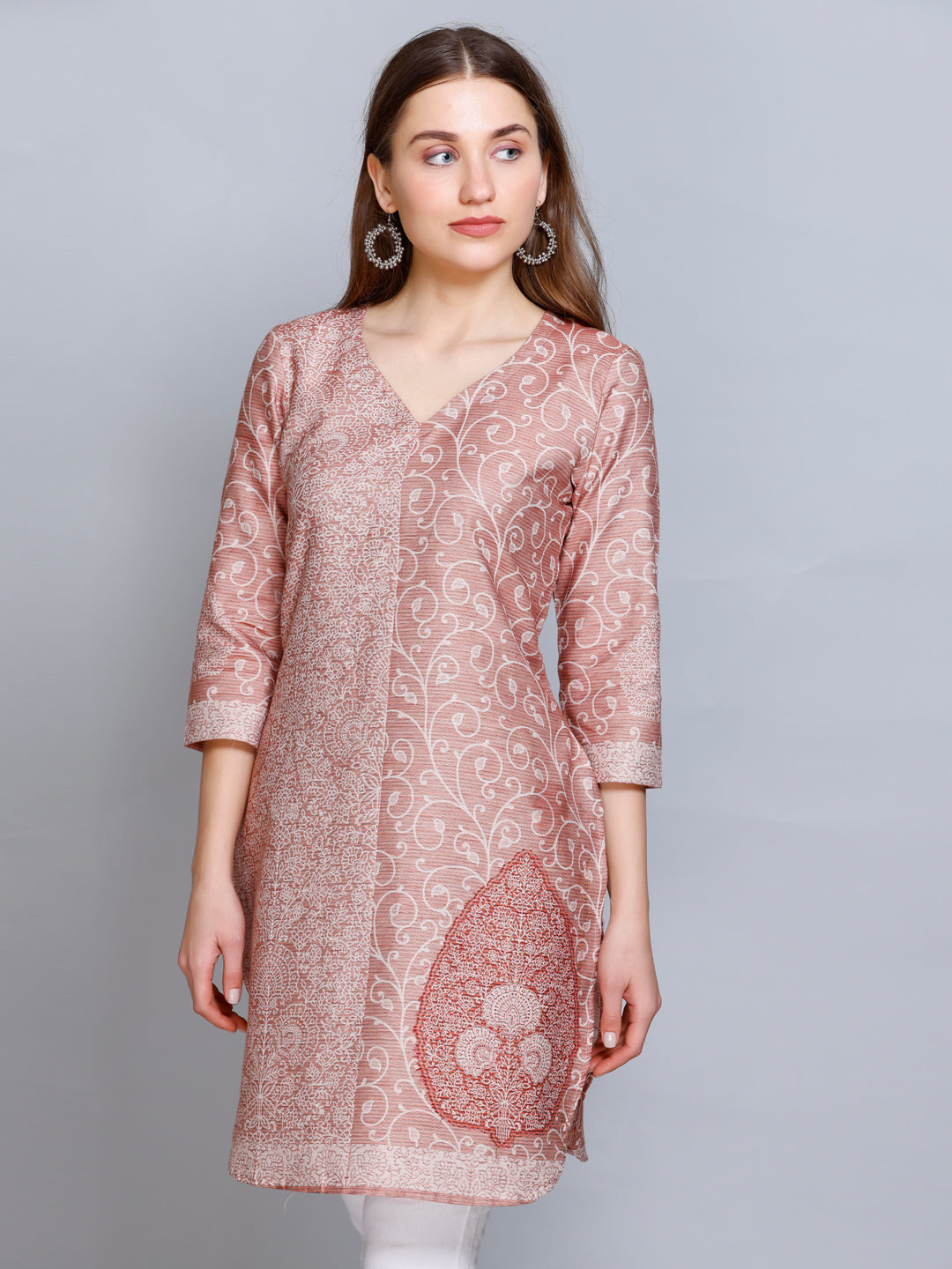 Kidar - Light Coffee V-Neck Cotton Silk Kurti by Kidar