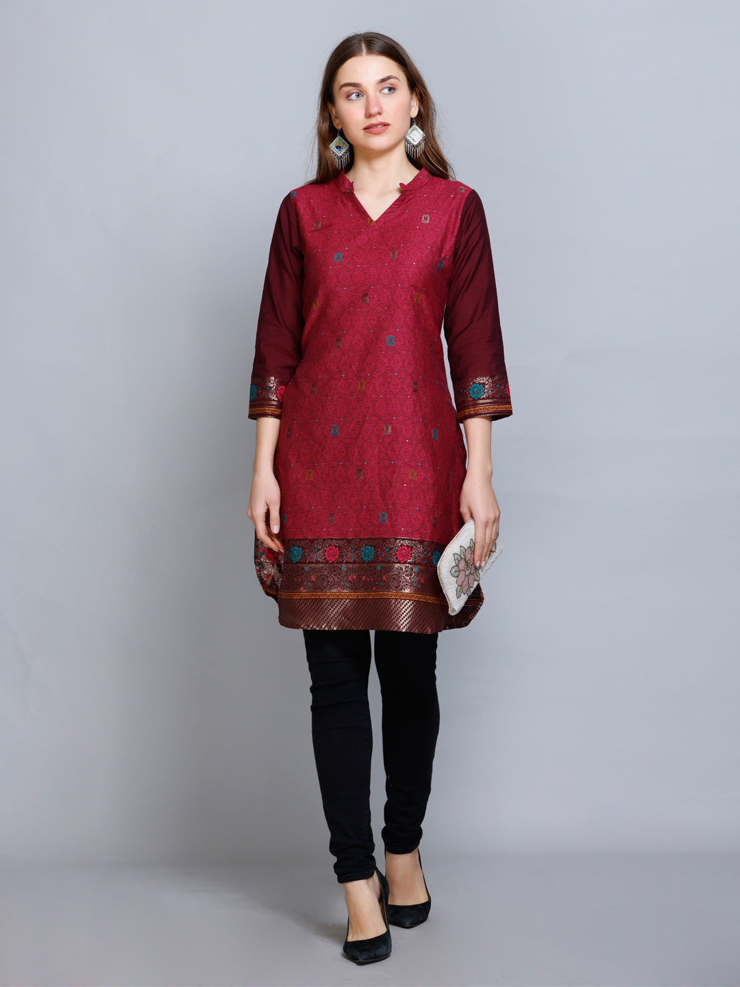 Kidar - Dark Mehroon V-Neck Cotton Silk Kurti by Kidar