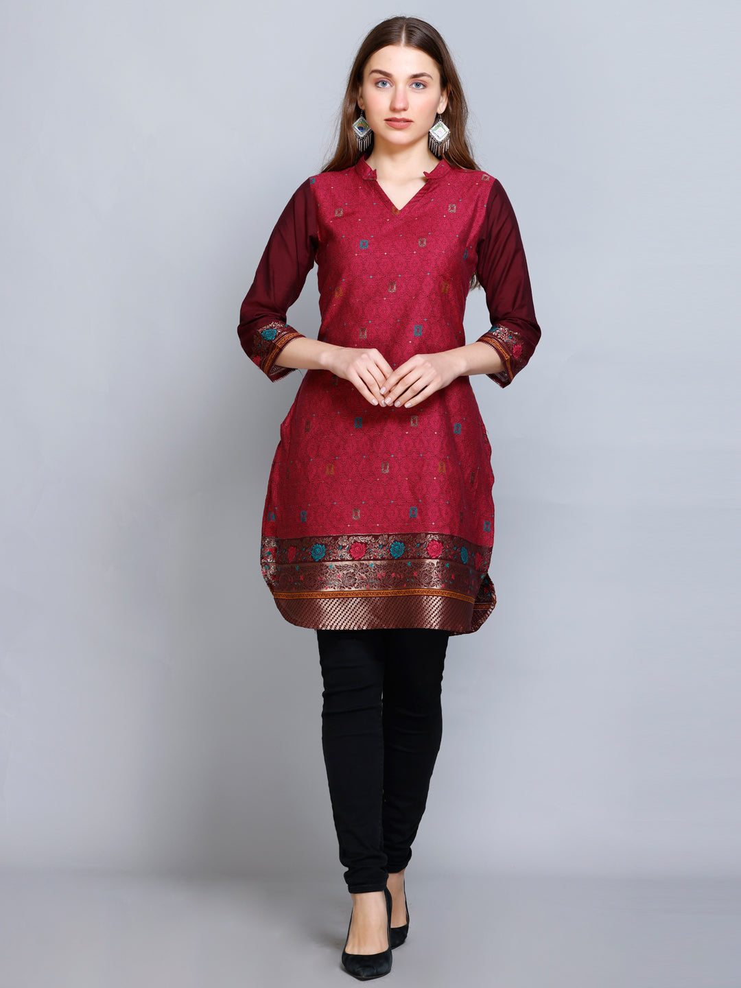 Kidar - Dark Mehroon V-Neck Cotton Silk Kurti by Kidar